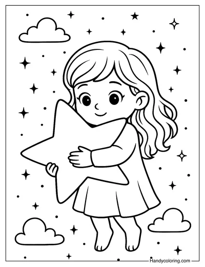 Girl Holding a Star Coloring Page