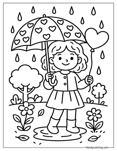Girl Holding Balloon in Rain Coloring Page
