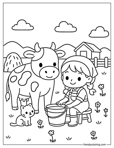 Girl Milking Cow Coloring Page