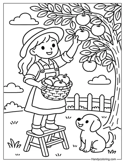 Girl Picking Apples Coloring Page