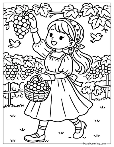 Girl Picking Grapes Coloring Page