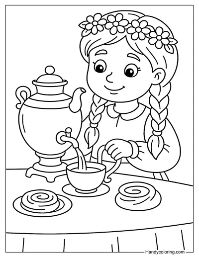 Girl Pouring Tea from Samovar Coloring Page