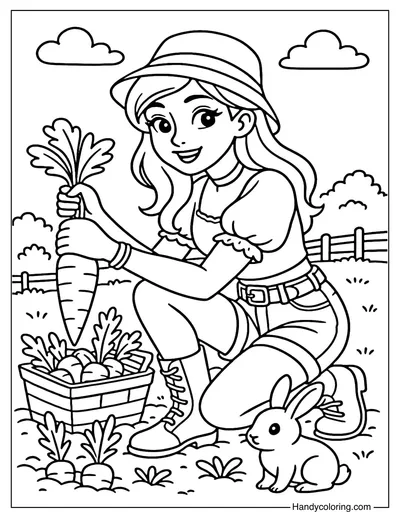 Girl Pulling Carrots Coloring Page