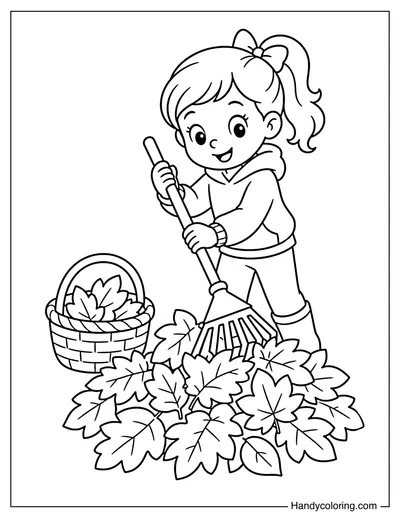 Girl Raking Autumn Leaves