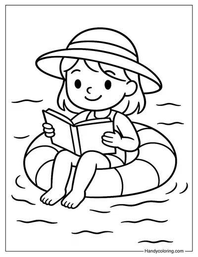 Girl Reading Book on Float Coloring Page