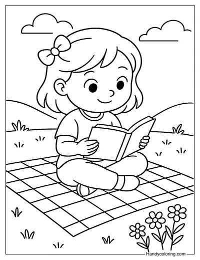Girl Reading Book on Picnic Coloring Page
