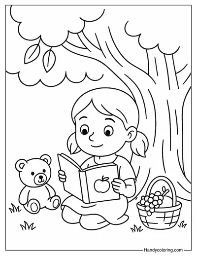 Girl Reading Under Big Tree Coloring Page