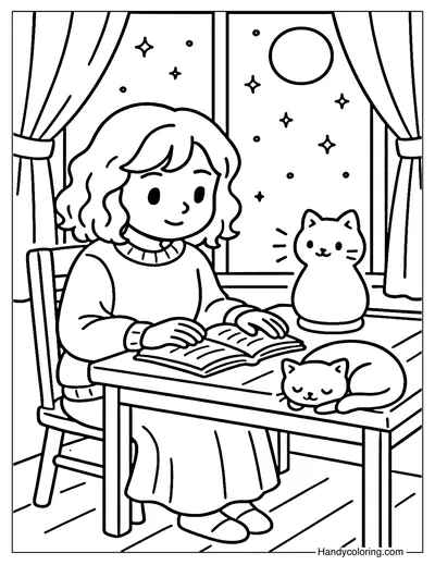 Girl Reading with Cat Lamp Coloring Page