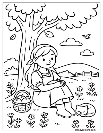 Girl Resting Under Tree Coloring Page