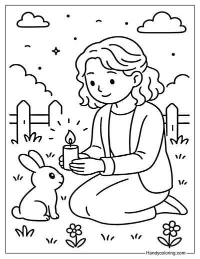 Girl Sharing Light with Bunny Coloring Page