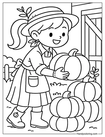 Girl Stacking Pumpkins Coloring Page