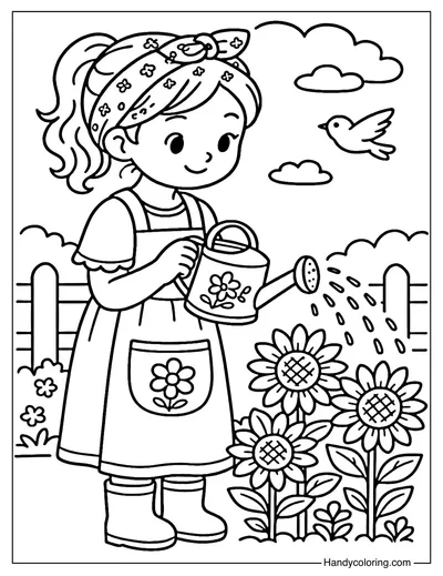 Girl Watering Flowers Coloring Page