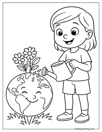 Girl Watering the Earth with Love Coloring Page