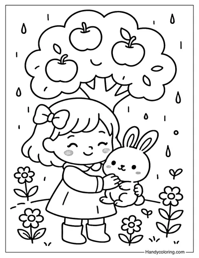 Girl with Bunny in Rain Coloring Page