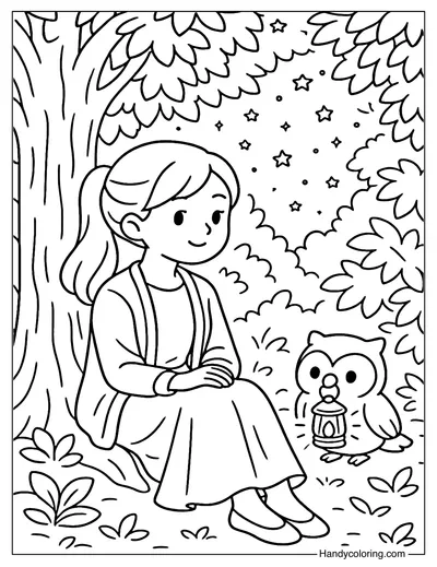 Girl with Owl Lantern Coloring Page