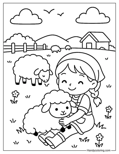 Girl with Sheep Coloring Page
