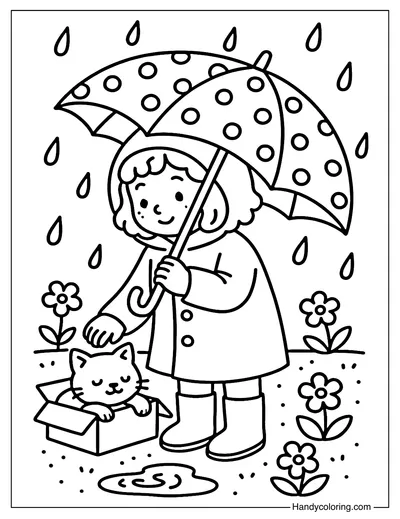 Girl with Umbrella and Kitten Coloring Page