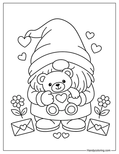 Gnome and Teddy Bear Valentine Coloring Page