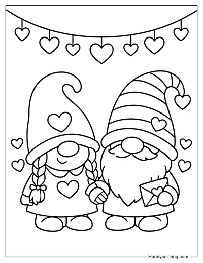 Gnome Couple Under Heart Garland Coloring Page