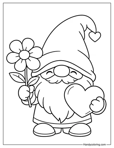 Gnome Holding Flower and Heart Coloring Page