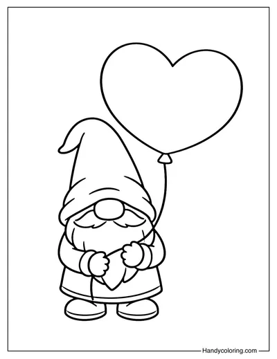 Gnome Holding Heart Balloon Coloring Page
