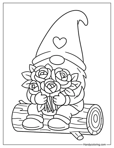 Gnome Holding Rose Bouquet Coloring Page