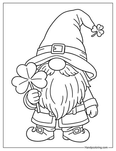 Gnome Leprechaun Holding Clover Coloring Page
