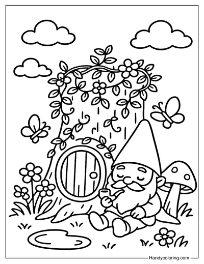 Gnome Resting Stump Coloring Page