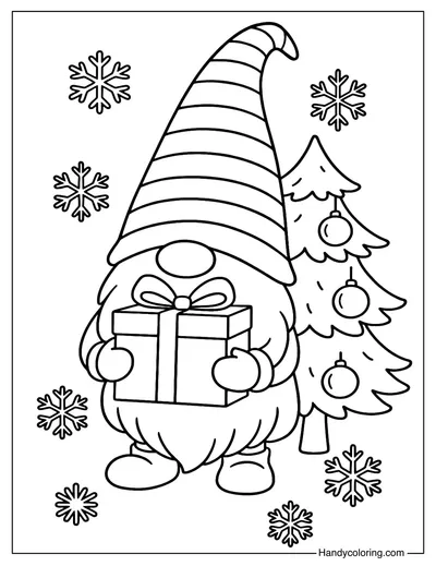 Gnome with Christmas Tree Coloring Page