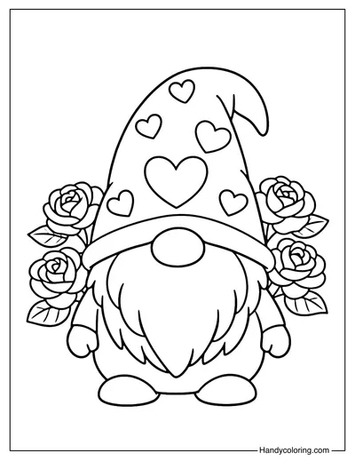 Gnome With Heart Hat and Roses Coloring Page