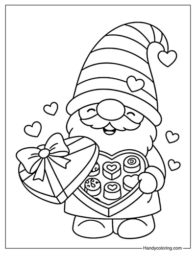 Gnome With Valentine Chocolate Box Coloring Page