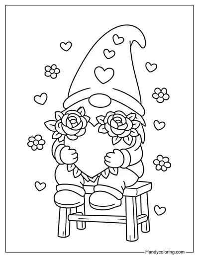 Gnome With Big Heart and Roses Coloring Page