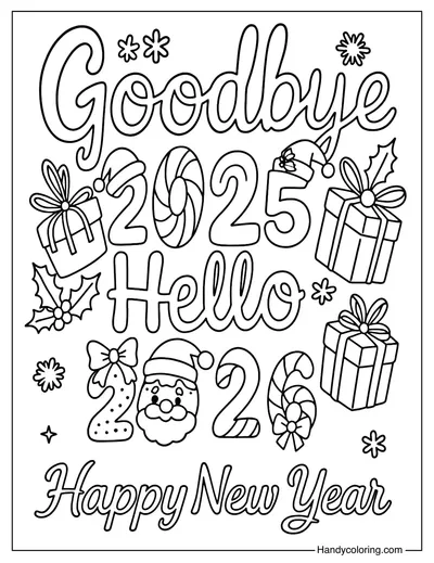 Goodbye 2025 Hello 2026 Happy New Year Coloring Page