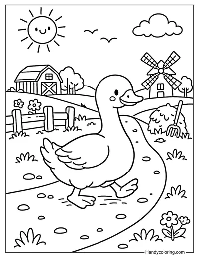 Goose Walking on Farm Path