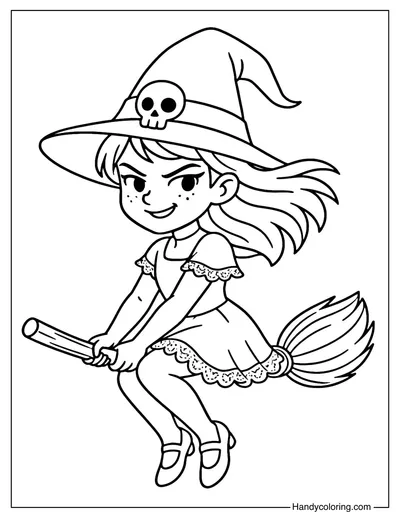 Gothic Witch on Broom Coloring Page