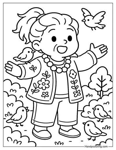 Grandma and Birds Coloring Page