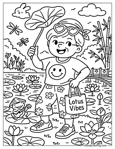Grandma at the Lotus Pond Coloring Page