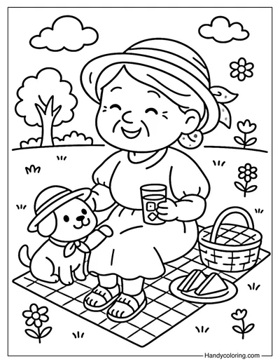 Grandma Picnic Fun Coloring Page