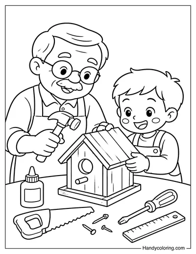 Grandpa Building a Birdhouse with Grandchild