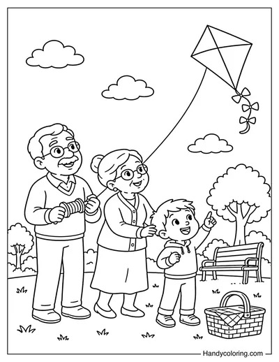 Grandparents and Grandchild Flying a Kite