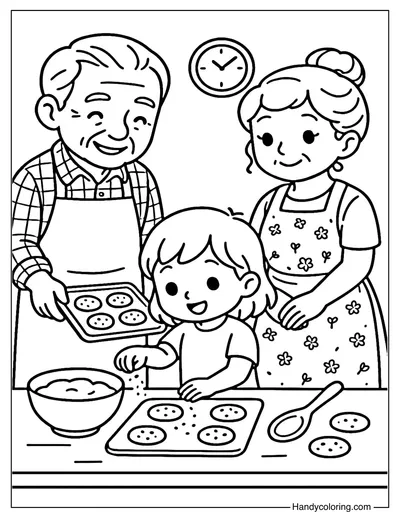Grandparents Baking with Grandchild Coloring Page