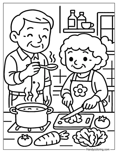 Grandparents Cooking Together Coloring Page