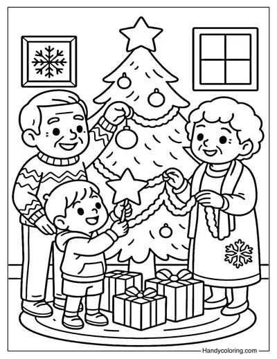 Grandparents Decorating Christmas Tree Coloring Page