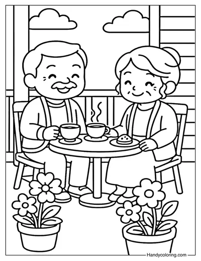 Grandparents Drinking Tea Coloring Page