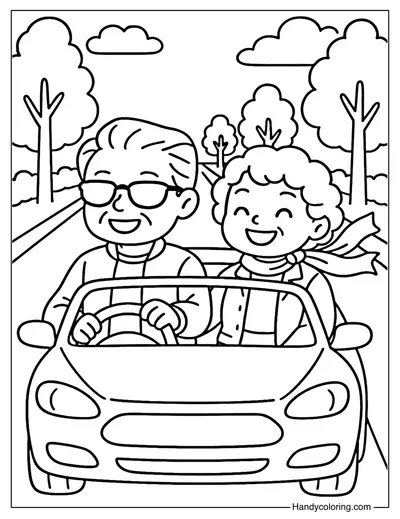 Grandparents Driving Convertible Car Coloring Page