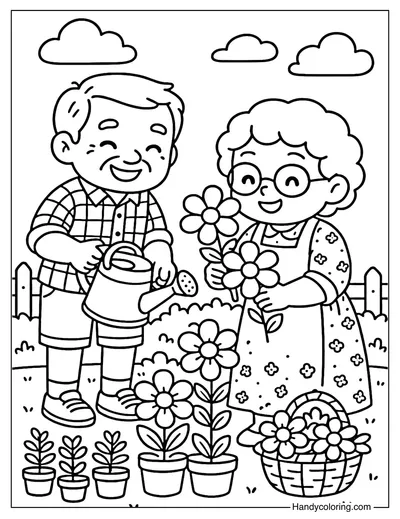 Grandparents Gardening Together Coloring Page