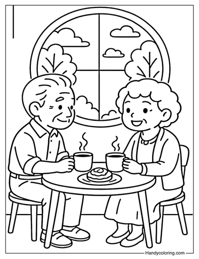 Grandparents Having Coffee Coloring Page