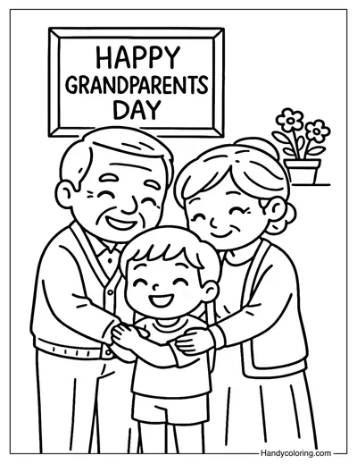 Grandparents Hugging Grandchild Coloring Page