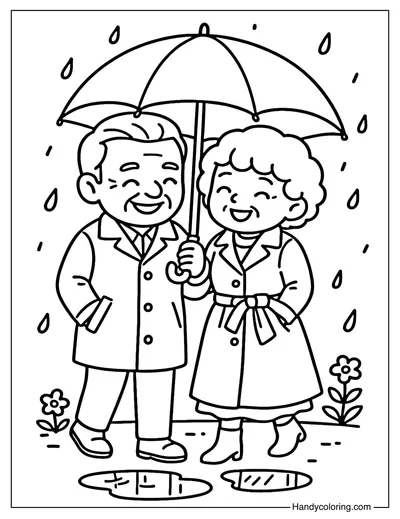 Grandparents in Spring Rain Coloring Page