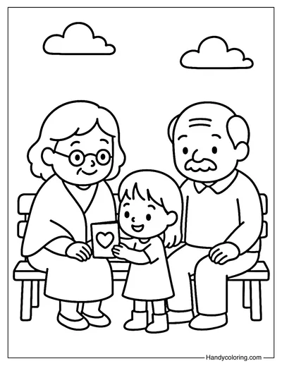 Grandparents on a Bench Coloring Page